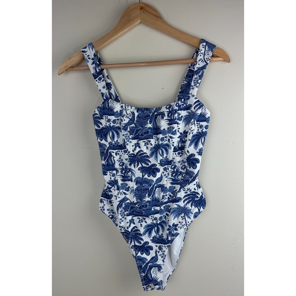 STAUD Adelaide Blue Toile One Piece Swimsuit Corset Boning M Tropical Dog Print - Picture 2 of 14